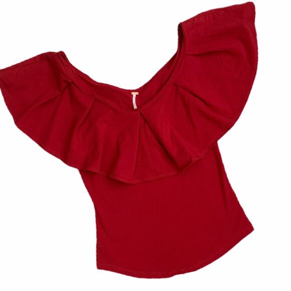 FREE PEOPLE NWOT Ruffle Sleeve Cherry Red Shirt Top Blouse – Small - Picture 6 of 11